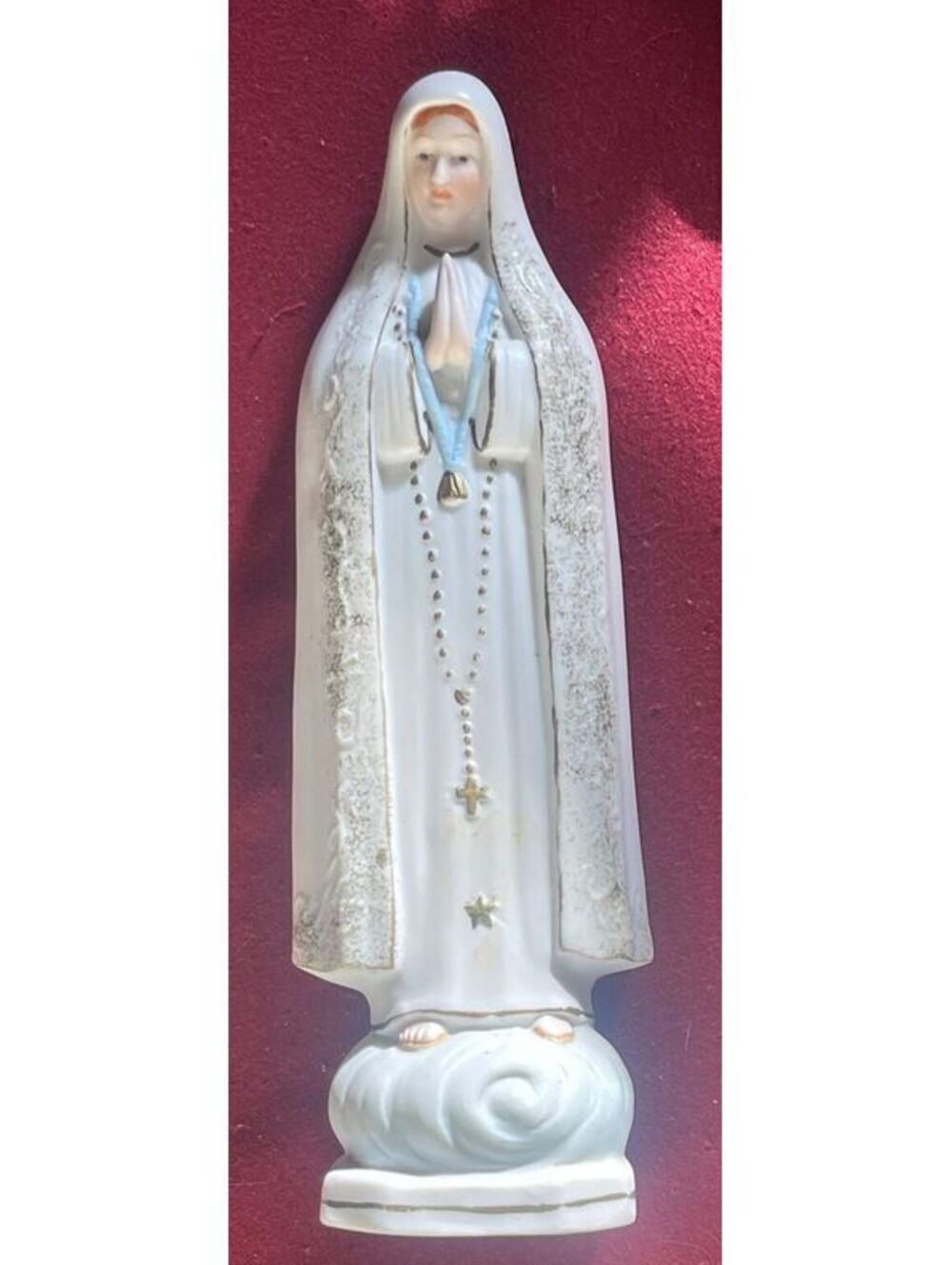 Vintage 70s Roman Porcelain Virgin Mary Figurine with Rosary Beads Made in Japan